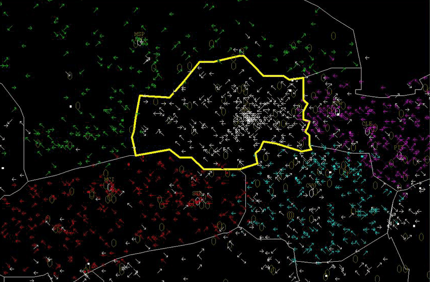 Air traffic prior to the fire at ZAU.  Aircraft are color-coded to indicate which center has control of them.